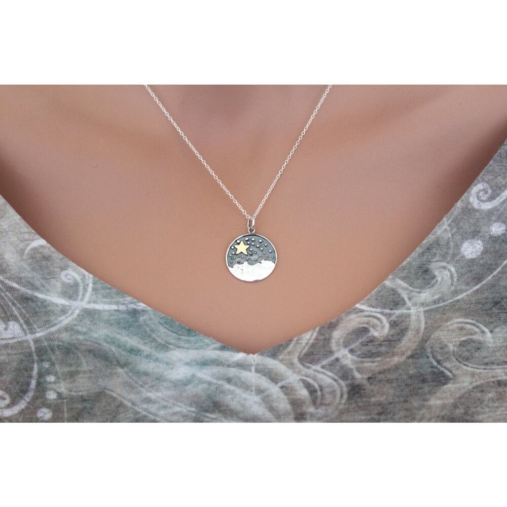 Sterling Silver Mountain Pendant with Bronze Star, Star Gazing Necklace